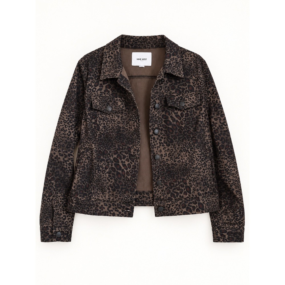 Nine West Leopard Print Denim Trucker Jacket Brown Black Animal Print Streetwear
